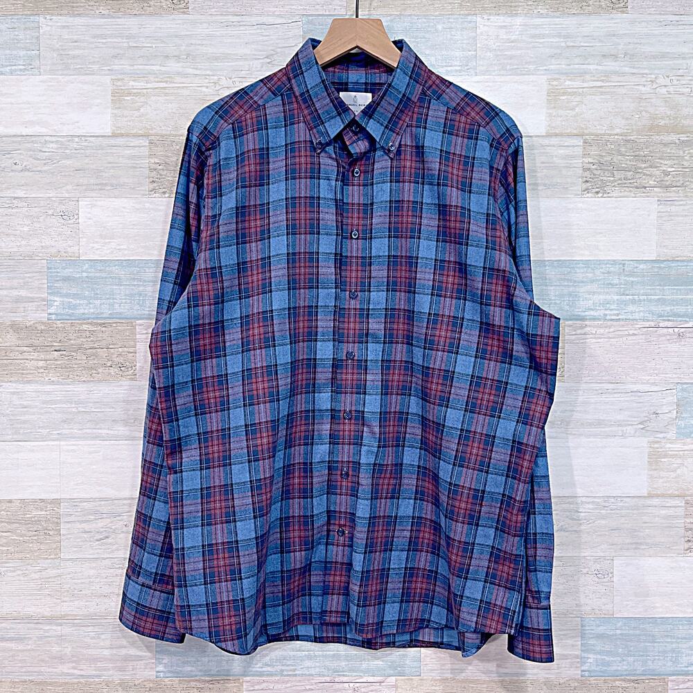 Emanuel Berg Plaid Luxe Flannel Shirt Blue Red Modern Fit Cotton Mens XL 17.5
